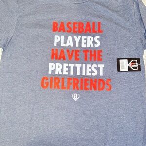 Graphic Baseball Tee - Blue with Red & White Text